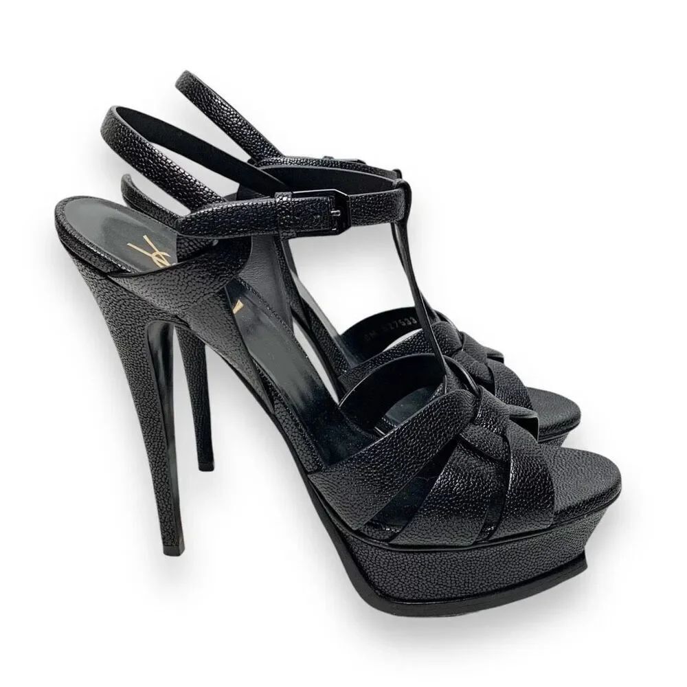Saint Laurent Tribute Black Grained Leather Platform High Heel Sandals Size 40.5